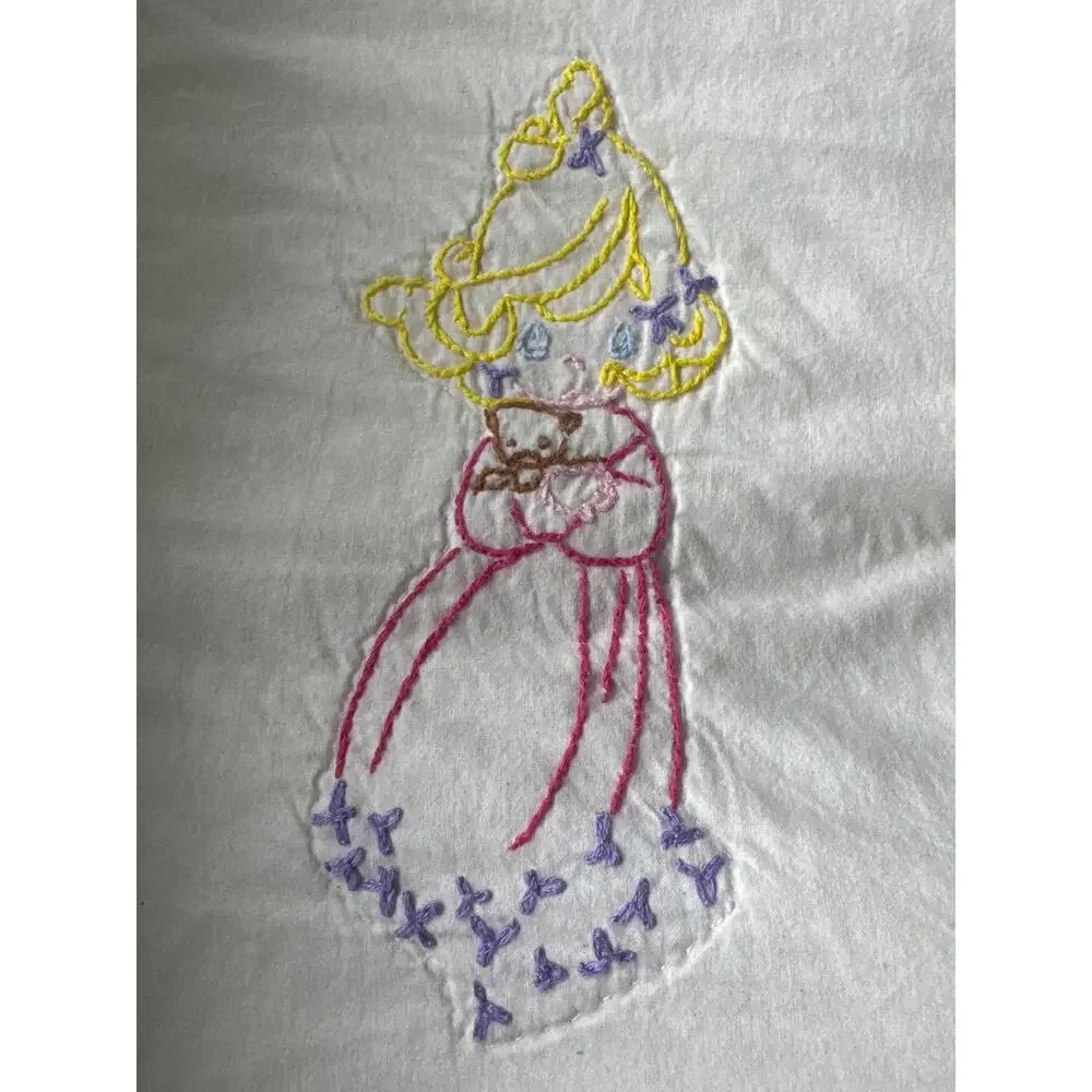 Vintage Hand Embroidered Child’s Quilt – Blue & White Precious Moments Style